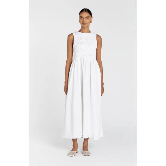 Dissh Dress Womens 12 Lessi White Linen Maxi Smocked Coastal Minimalist Resort - Picture 1 of 11